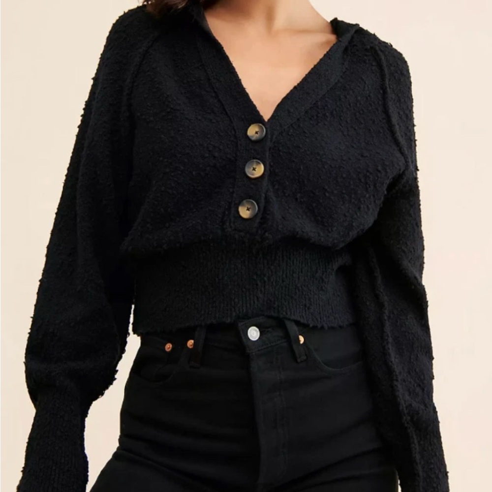 Free People Black Button-Up Cropped Sweater Hoodie
